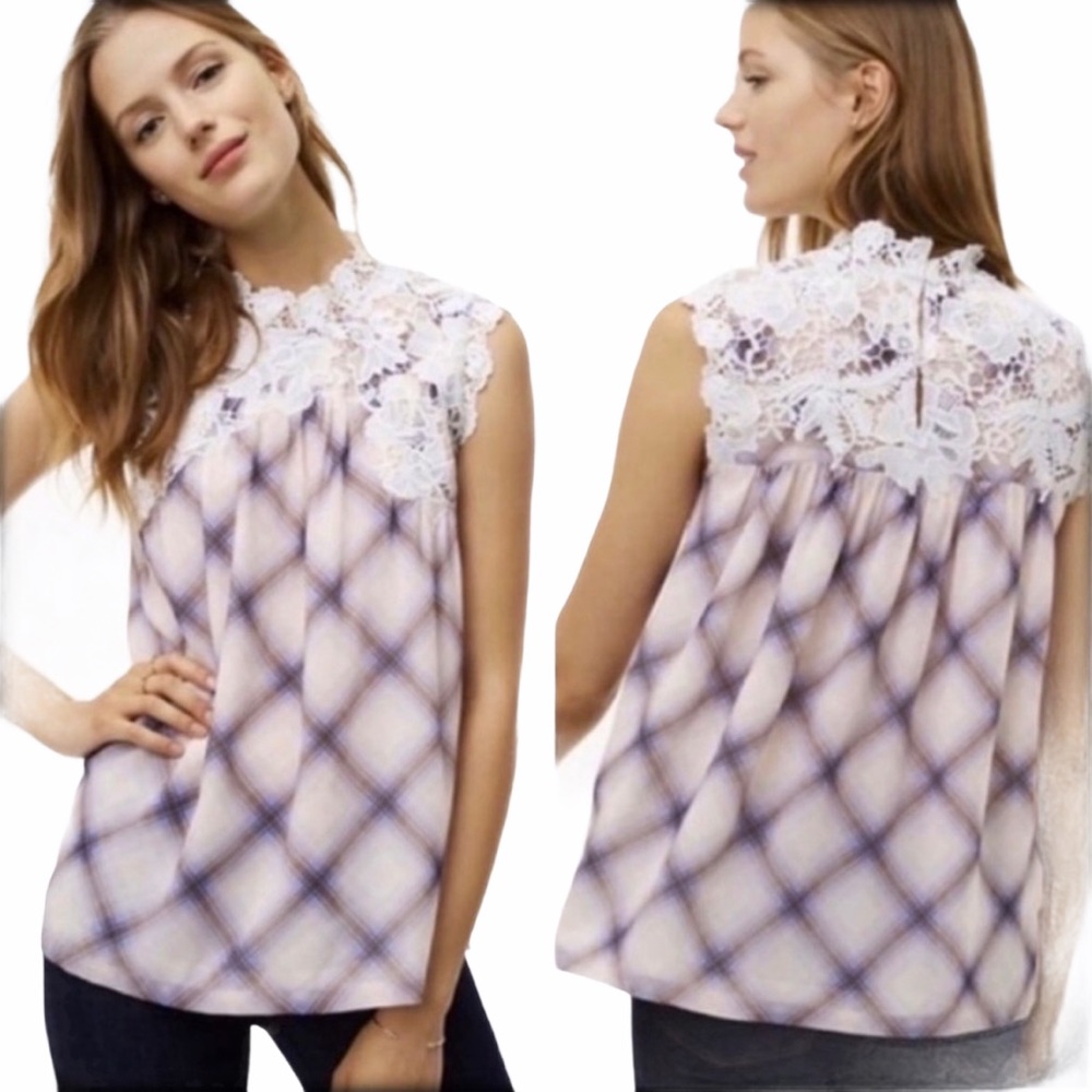 LOFT PLAID LACE NECK SLEEVELESS TOP